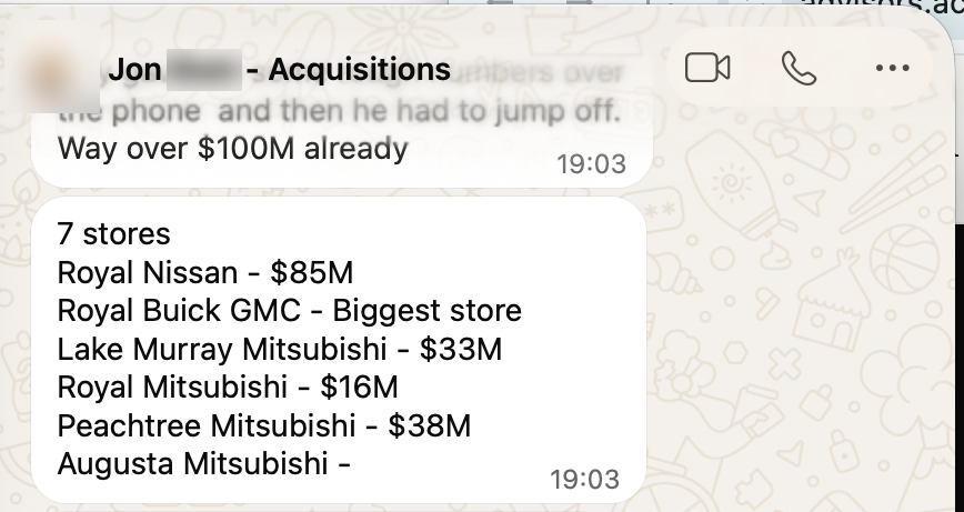 WhatsApp message: a group of 7 car dealerships, well over $100M in annual sales